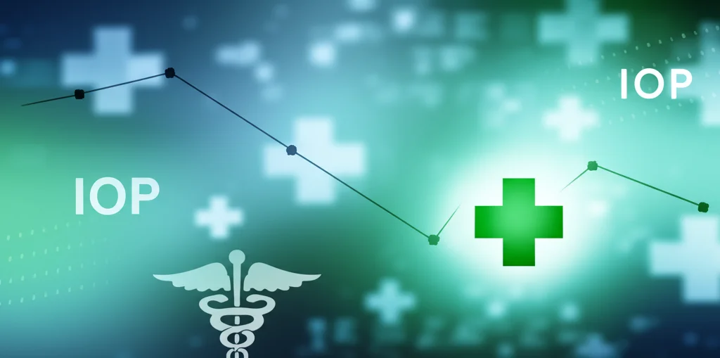 Grafico astratto che mostra una linea discendente indicante la riduzione della pressione intraoculare (IOP), colori blu e verde duotone, sfondo sfocato con simboli medici stilizzati, profondità di campo.
