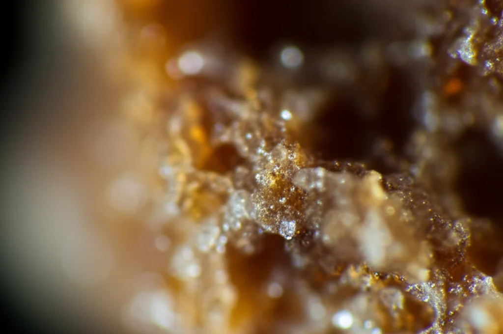 Primo piano macro di un calcolo renale con cristalli visibili, illuminazione controllata per evidenziare la texture ruvida e i colori ambrati, obiettivo macro 90mm, alta definizione, sfondo scuro sfocato.