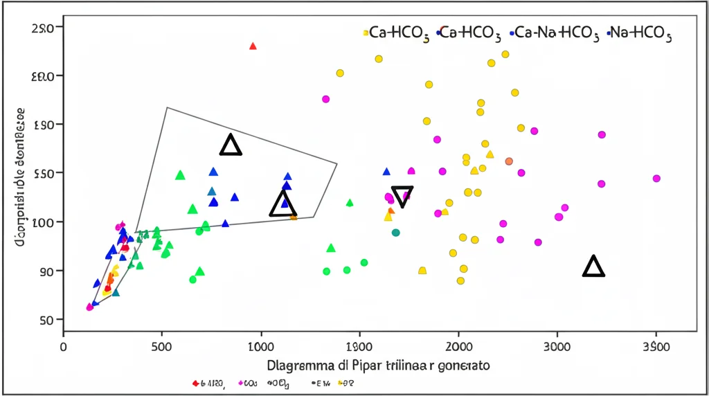 Diagramma di Piper trilineare generato da software che mostra la classificazione dei 40 campioni d'acqua sotterranea del bacino del fiume Demie. I punti sono colorati o contrassegnati per indicare i tre tipi di acqua identificati (Ca-HCO3, Ca-Na-HCO3, Na-HCO3). Grafico scientifico chiaro e leggibile, stile pulito, alta risoluzione.