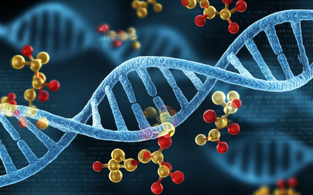 Visualizzazione astratta di una doppia elica di DNA blu brillante intrecciata con molecole lipidiche stilizzate di colore giallo e rosso, su uno sfondo digitale scuro con linee di codice binarie, focus nitido sulla struttura centrale, stile cinematografico high-tech.