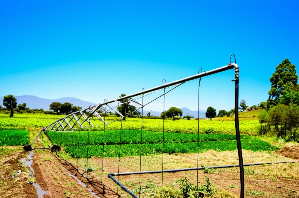 Fotografia di un campo agricolo irrigato nel sud dell'Etiopia, vicino al bacino del fiume Demie. Si vedono coltivazioni verdi rigogliose sotto un cielo azzurro. In primo piano, un sistema di irrigazione semplice (es. solchi o tubi). Obiettivo zoom 50mm, luce solare piena, colori vividi, stile fotorealistico per enfatizzare la vitalità resa possibile dall'acqua.