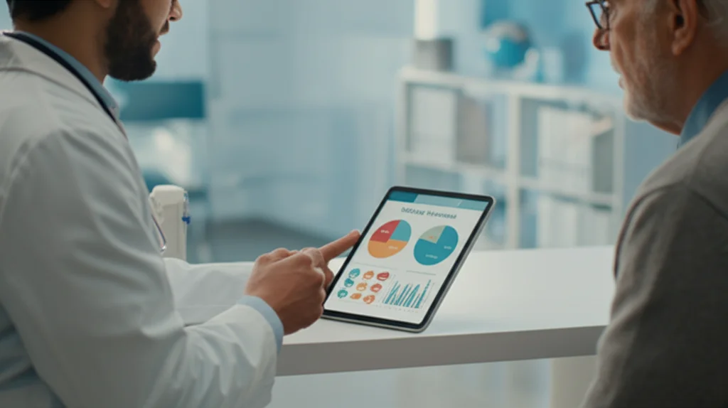 Medico sorridente che discute i risultati di un test lipidico avanzato con un paziente anziano, mostrando un tablet con grafici colorati di specie lipidiche, in un ambiente clinico moderno e luminoso, profondità di campo ridotta per focalizzare sull'interazione medico-paziente, obiettivo prime 50mm.