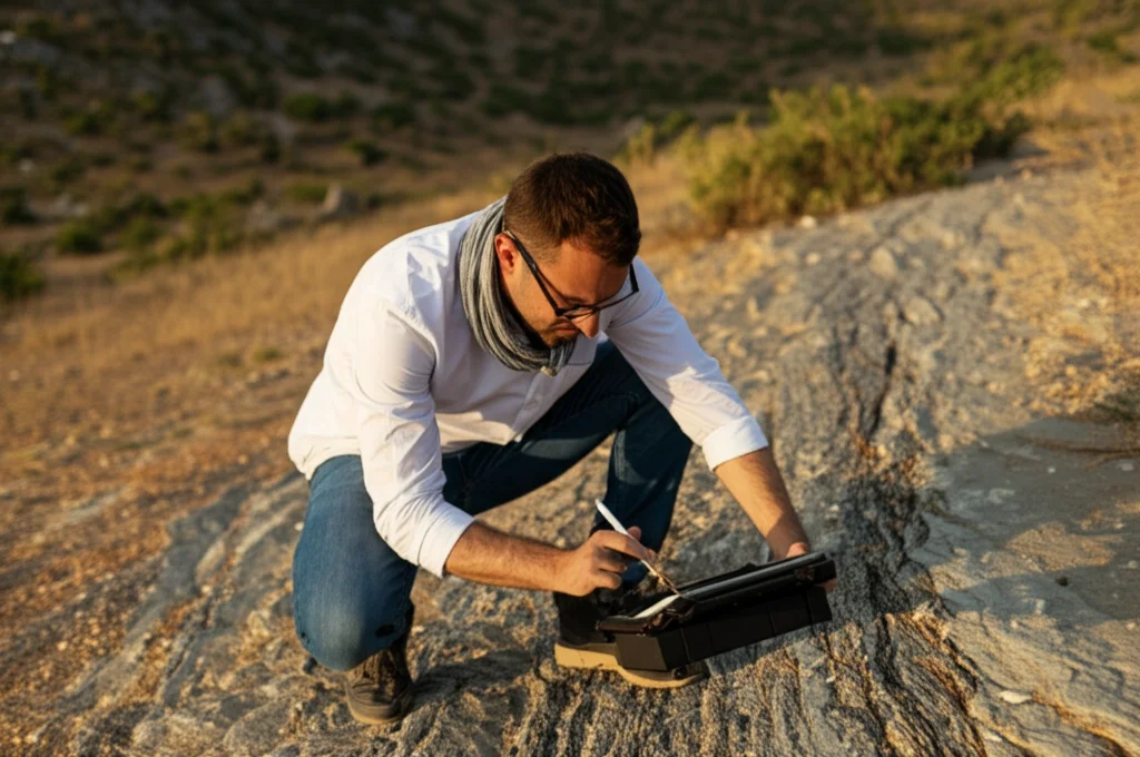 Ritratto di un geologo o scienziato (obiettivo prime 35mm) sul campo, inginocchiato vicino a una faglia geologica visibile nel terreno. Sta esaminando attentamente i dati su un tablet robusto, con un'espressione concentrata. Lo sfondo mostra il paesaggio arido della Turchia occidentale. Profondità di campo ridotta per focalizzare sul soggetto, luce naturale del tardo pomeriggio.