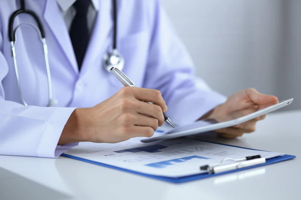 Fotografia macro, primo piano sulle mani di un medico specializzando thailandese che compila attentamente una cartella clinica elettronica su un tablet in uno studio medico moderno, obiettivo macro 90mm, messa a fuoco precisa sui dettagli delle dita e dello schermo che mostra grafici o dati, illuminazione controllata e professionale.