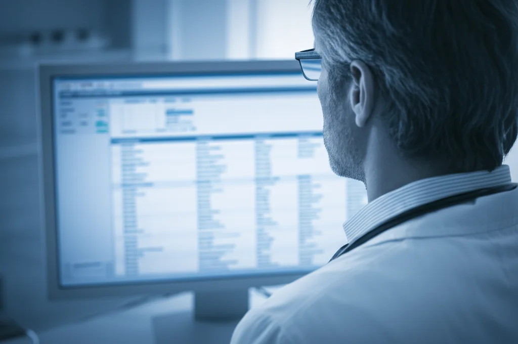 Fotografia di un medico, vista da dietro la spalla, che guarda uno schermo di computer in un ambiente clinico moderno. Lo schermo mostra un'interfaccia per l'ordine di esami di laboratorio con i prezzi ben visibili accanto a ciascun test. Obiettivo prime 35mm, profondità di campo ridotta per focalizzare sullo schermo. Toni di colore blu e grigio duotone.