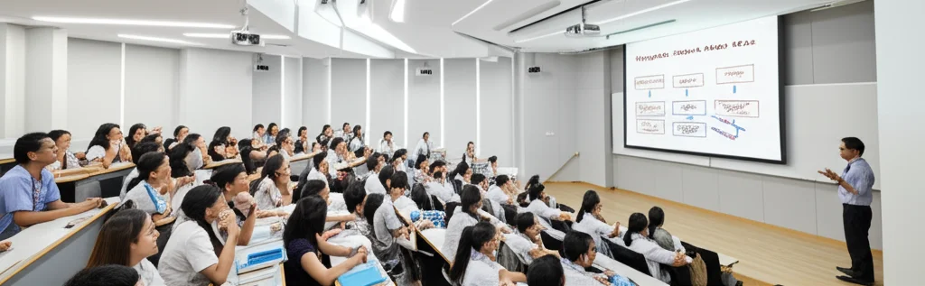 Fotografia grandangolare, un'aula magna universitaria moderna e luminosa con studenti di medicina thailandesi attenti durante una lezione sulla Value-Based Care, il docente indica un diagramma complesso su un grande schermo interattivo, obiettivo grandangolare 24mm, messa a fuoco nitida sull'intera scena, luce ambientale ben bilanciata.