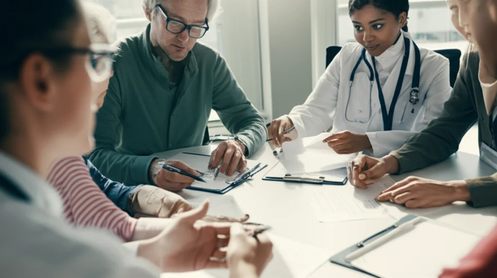 Un gruppo diversificato di persone (pazienti di varie età, medici di base, infermieri, caregiver) seduti attorno a un tavolo rotondo in una sala riunioni luminosa e moderna. Stanno discutendo animatamente ma in modo collaborativo, con fogli e penne sparsi sul tavolo. Focus sui volti impegnati nella conversazione. Stile fotorealistico, obiettivo 35mm, luce naturale diffusa, media profondità di campo.