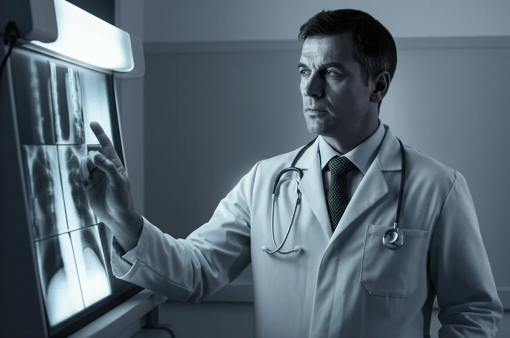 Ritratto di un medico radiologo che osserva con attenzione una radiografia su un visore luminoso, indicando le calcificazioni a chicco di riso, luce ambientale soffusa, profondità di campo media, obiettivo 50mm, bianco e nero film.