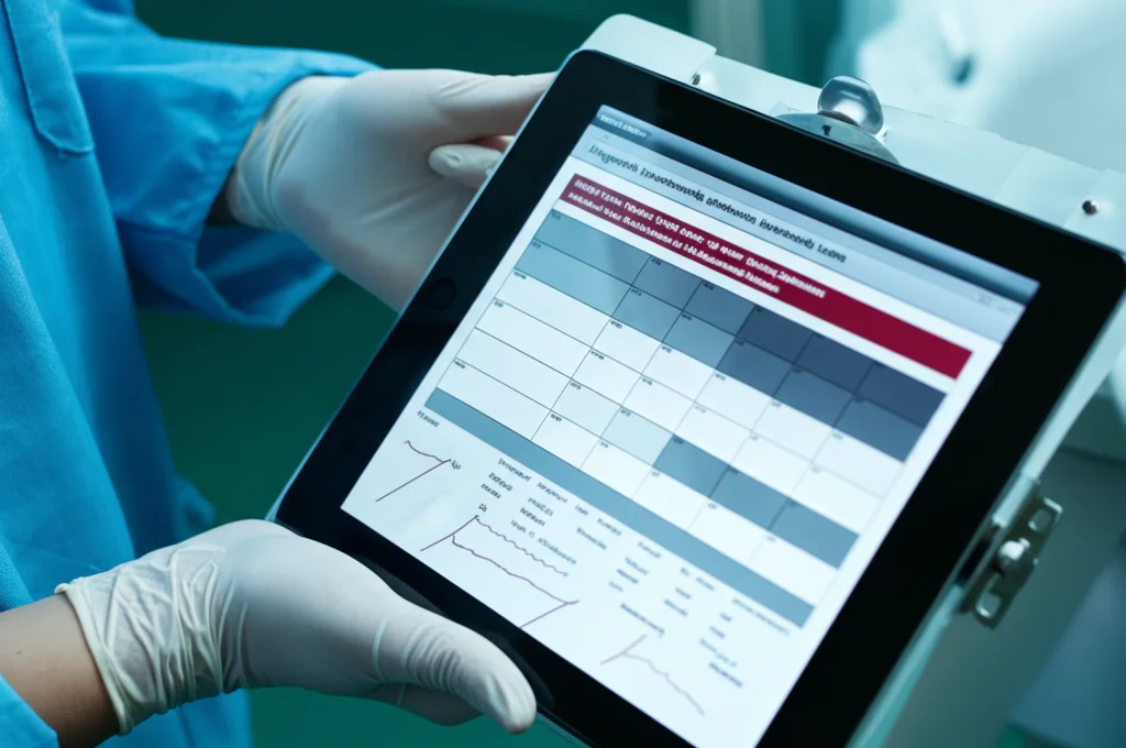 Fotografia macro, obiettivo 100mm, di una cartella clinica elettronica aperta su un tablet tenuto da mani guantate in un ambiente ospedaliero scarsamente illuminato. Lo schermo mostra dati anonimizzati di pazienti e avvisi. Messa a fuoco precisa sui dettagli dello schermo, illuminazione controllata per creare un'atmosfera tesa e concentrata.