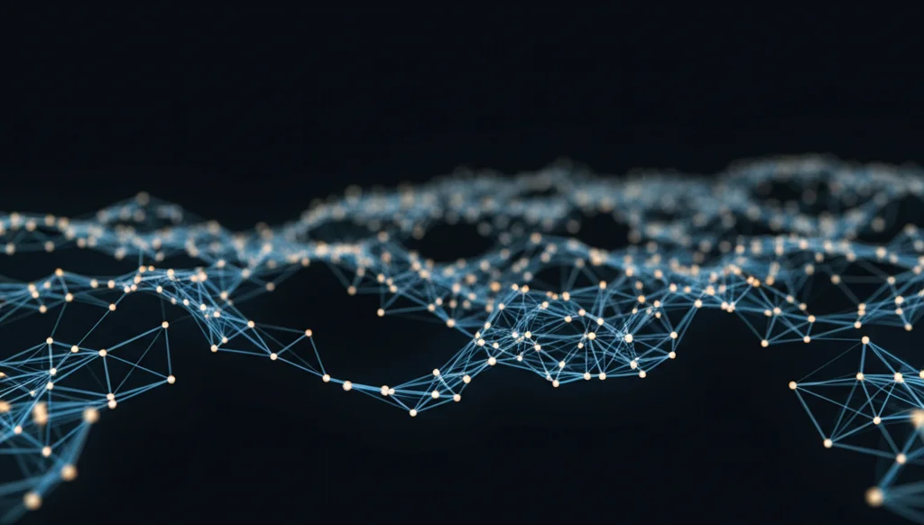 Visualizzazione astratta di una rete neurale complessa con nodi luminosi e connessioni che elaborano dati finanziari. Ambiente high-tech scuro, dettagli elevati, obiettivo macro 85mm, illuminazione controllata.