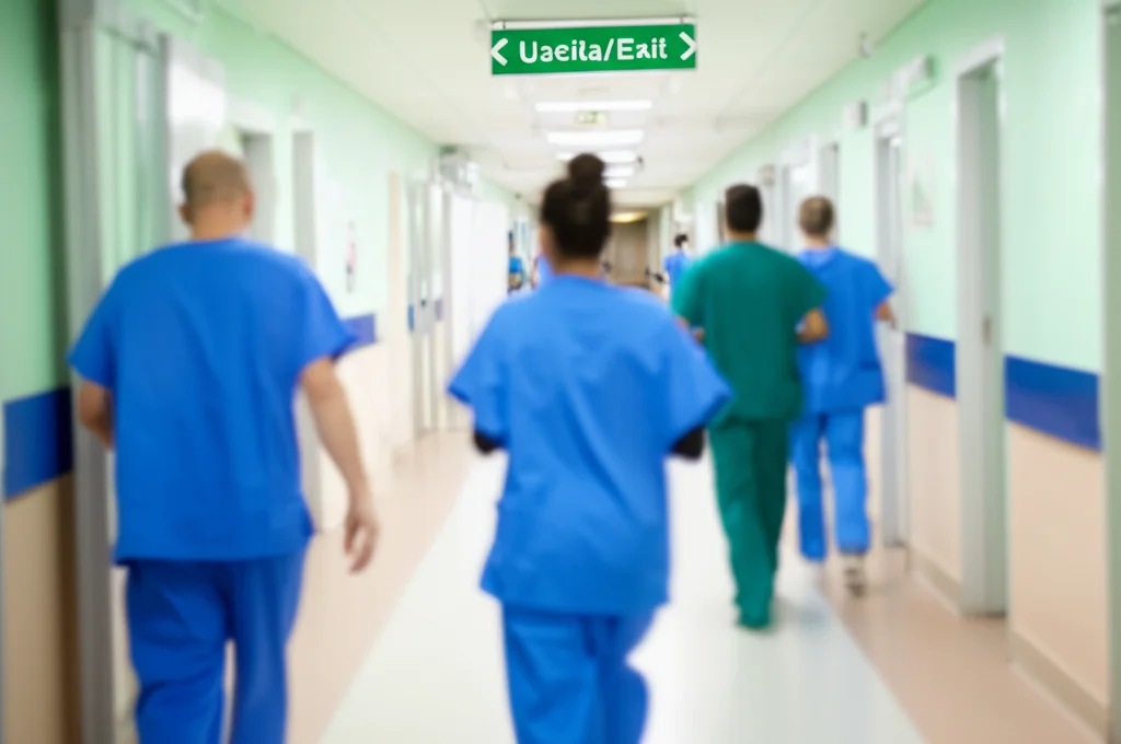 Fotografia d'azione, teleobiettivo zoom 100-400mm, che cattura il movimento sfocato di medici e infermieri che si affrettano in un corridoio di pronto soccorso. La messa a fuoco è selettiva su un cartello 'Uscita/Exit', simboleggiando la rapida dimissione dei pazienti. Scatto veloce per congelare parzialmente il movimento ma mantenere il senso di urgenza.