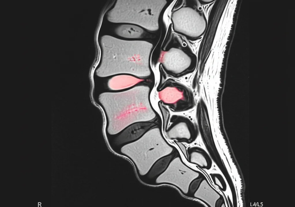 Immagine fotorealistica di una sezione sagittale di risonanza magnetica della colonna lombare umana, che mostra chiaramente la degenerazione di un disco intervertebrale (L4/L5) con riduzione dell'altezza e segnale alterato. Fotografia medica, obiettivo macro 100mm, alta definizione, illuminazione controllata per evidenziare i dettagli del disco e delle vertebre adiacenti.