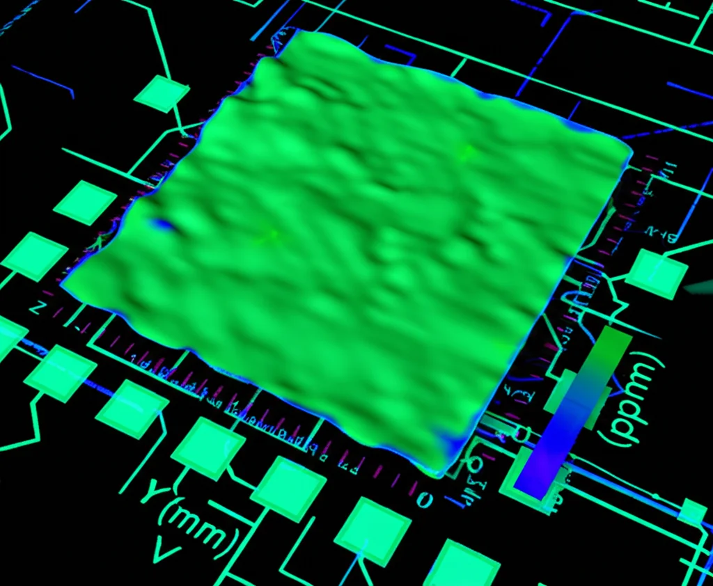 Visualizzazione grafica 3D fotorealistica di una mappa di superficie generata dal metodo elettrico. La mappa mostra un'area quadrata rappresentante il campione rivestito. La superficie della mappa è prevalentemente piatta e di colore verde uniforme, indicando alta omogeneità, con solo lievissime ondulazioni bluastre ai bordi. Assi X e Y indicano la posizione (mm), asse Z indica la capacità (pF). Sfondo scuro astratto high-tech.