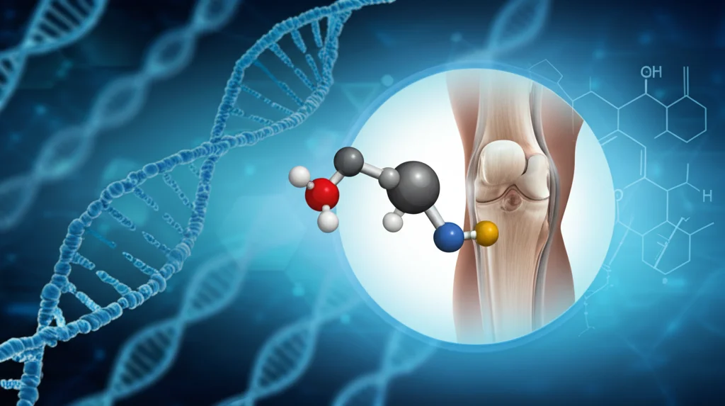 Illustrazione concettuale della randomizzazione mendeliana: filamenti di DNA stilizzati collegano un simbolo della molecola di testosterone a un'icona di articolazione del ginocchio. Focus nitido, illuminazione controllata, stile high detail, sfondo astratto blu.