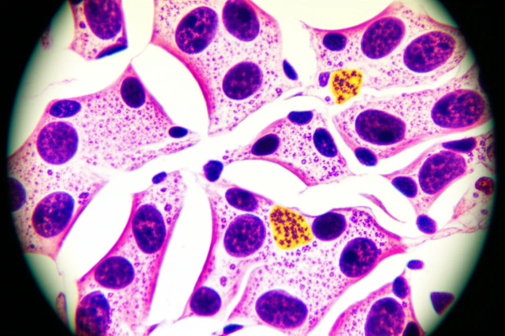 Primo piano di cellule cartilaginee umane al microscopio, con evidenziati recettori stilizzati per androgeni ed estrogeni. Lente macro 100mm, alta definizione, illuminazione da laboratorio controllata, colori scientifici.