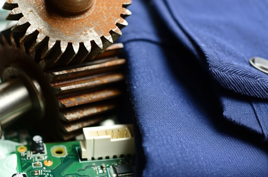 Fotografia macro, 105mm, di ingranaggi industriali (mid-skill) leggermente arrugginiti accanto a un moderno circuito stampato (high-skill) e a un'uniforme pulita piegata (low-skill service). Messa a fuoco precisa, alta definizione, illuminazione controllata.