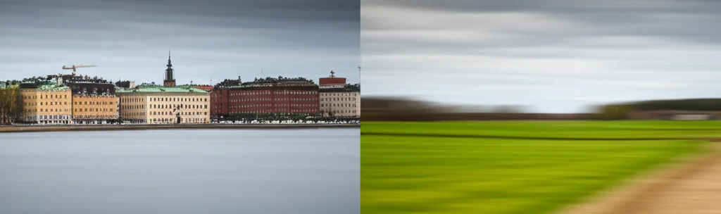 Fotografia grandangolare, 10mm, che mostra lo skyline moderno e vibrante di Stoccolma da un lato e un tranquillo paesaggio rurale svedese dall'altro, divisi da una linea sfocata. Lungo tempo di esposizione per nuvole morbide, messa a fuoco nitida su entrambi i paesaggi.