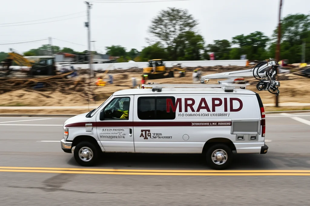 Fotografia realistica del furgone laboratorio mRAPiD della Texas AeM University mentre guida lentamente su una strada pubblica a East Palestine, Ohio, durante le operazioni di bonifica post-disastro ferroviario. Si vede il braccio con la presa d'aria sul tetto. Sullo sfondo, segni di attività di bonifica come macchinari o personale con tute protettive (sfocato). Obiettivo zoom 35mm, luce diurna, profondità di campo per mettere a fuoco il furgone.