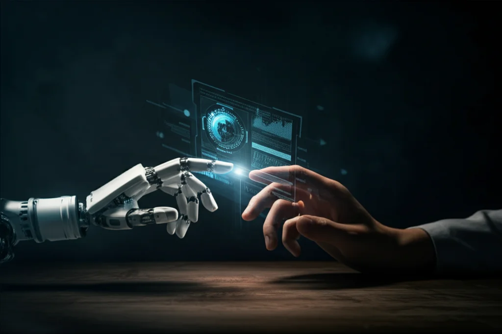 Fotografia still life, macro 80mm, di una mano umana che interagisce con un'interfaccia digitale futuristica o un braccio robotico, simboleggiando l'interazione tra lavoro umano e AI/automazione. Illuminazione drammatica, alta definizione, sfondo scuro.