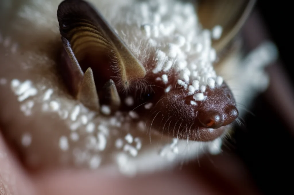 Fotografia macro, 60mm lens, che mostra in dettaglio la texture bianca e lanuginosa del fungo Pseudogymnoascus destructans (Pd) sull'ala di un pipistrello affetto da Sindrome del Naso Bianco, illuminazione drammatica controllata per enfatizzare i dettagli del fungo.