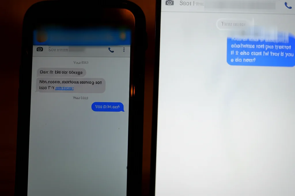 Immagine concettuale che mostra due smartphone affiancati. Uno schermo mostra un messaggio di testo aggressivo, l'altro una chat vuota. Illuminazione controllata, obiettivo macro 90mm per evidenziare i dettagli degli schermi, focus preciso sul testo aggressivo.