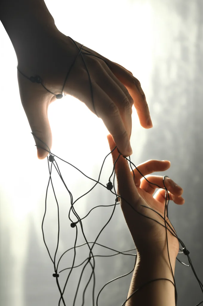 Foto simbolica di una mano che aiuta un'altra a uscire da un groviglio di fili scuri (simbolo di trauma/stress) verso una luce soffusa. Obiettivo 50mm, profondità di campo, colori caldi e tenui per trasmettere speranza e supporto.