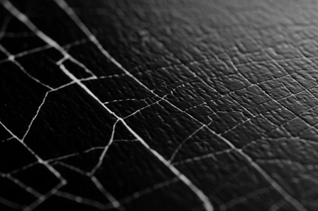 Immagine macro astratta che mostra delle crepe sottili su una superficie scura e liscia, illuminate lateralmente per creare contrasto. Obiettivo macro 100mm, illuminazione controllata, alto dettaglio sulle fratture, a simboleggiare la fragilità psicologica e il rischio di rottura.