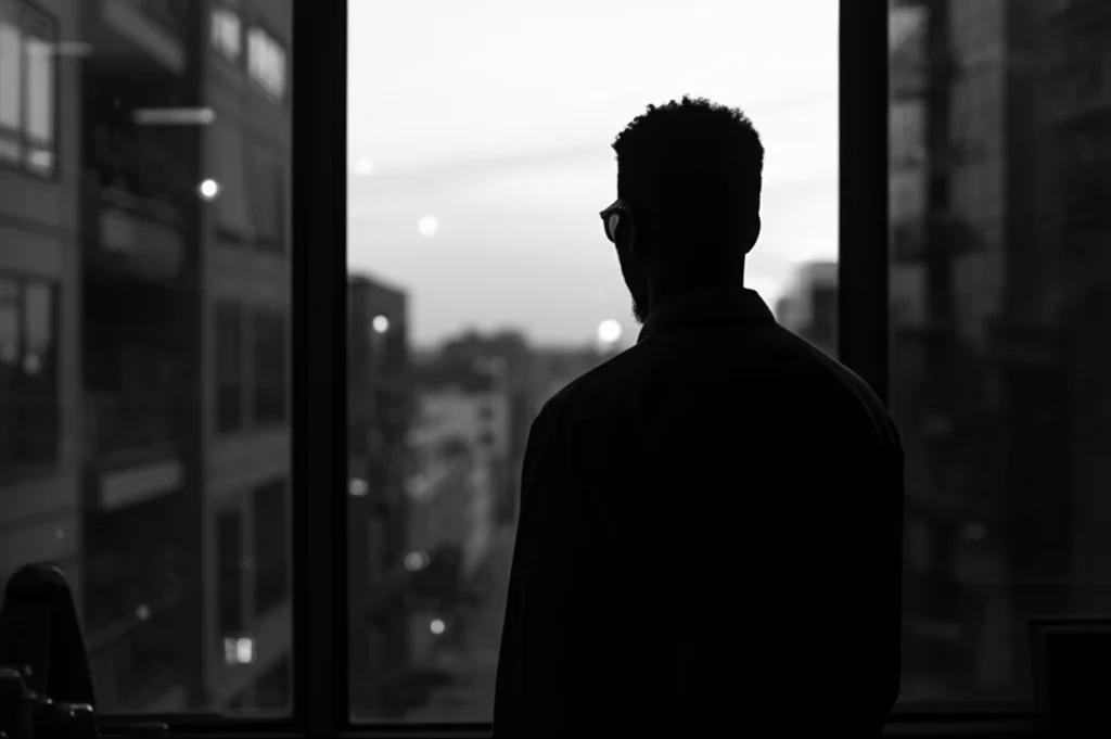 Ritratto fotografico di un uomo nero di spalle, in piedi davanti a una finestra che dà su una città sfocata al tramonto. Stile film noir, obiettivo 35mm, pellicola bianco e nero ad alto contrasto, profondità di campo ridotta che isola la figura, luce malinconica.