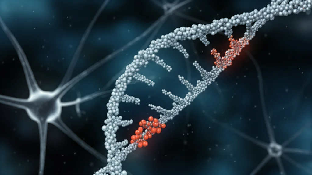 Visualizzazione 3D astratta di una molecola di RNA con modificazioni m6A (piccole sfere luminose) che vengono rimosse da un enzima FTO stilizzato. Sfondo scuro con elementi neurali sfocati. Illuminazione drammatica, stile scientifico ma artistico, alta definizione.