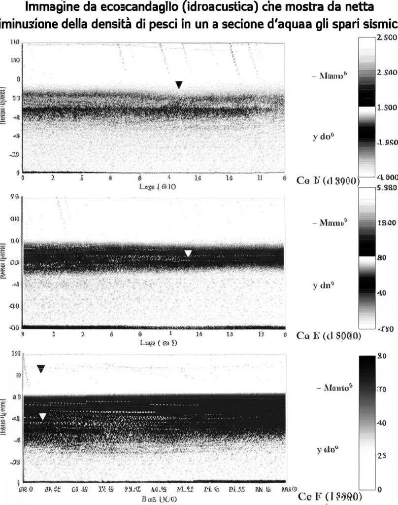 Immagine da ecoscandaglio (idroacustica) che mostra una netta diminuzione della densità di pesci (punti luminosi) in una sezione d'acqua di lago, prima e durante gli spari sismici.