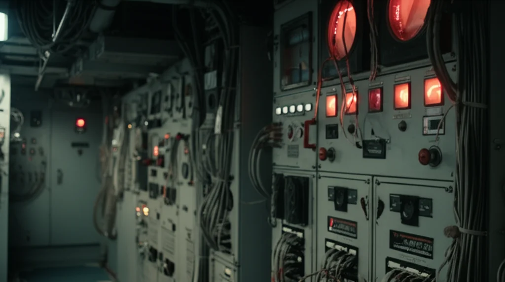 Immagine fotorealistica di una moderna sala macchine di una nave militare futuristica, con cavi spessi e complessi sistemi elettrici illuminati da luci blu fredde. Focus su un pannello di controllo con indicatori rossi lampeggianti, suggerendo un allarme di sovraccarico o cortocircuito imminente. Obiettivo prime, 35mm, profondità di campo ridotta per isolare il pannello, atmosfera tesa.