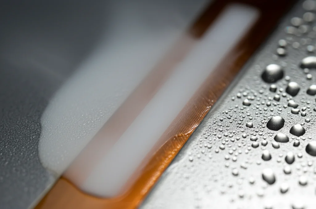 Foto macro, obiettivo 100mm, di un nastro superconduttore di seconda generazione immerso parzialmente in azoto liquido fumante (-196°C), con gocce di condensa visibili sulla superficie metallica lucida. Illuminazione controllata per evidenziare la texture del nastro e il vapore dell'azoto. Alta definizione, messa a fuoco precisa, sfondo scuro per contrasto.