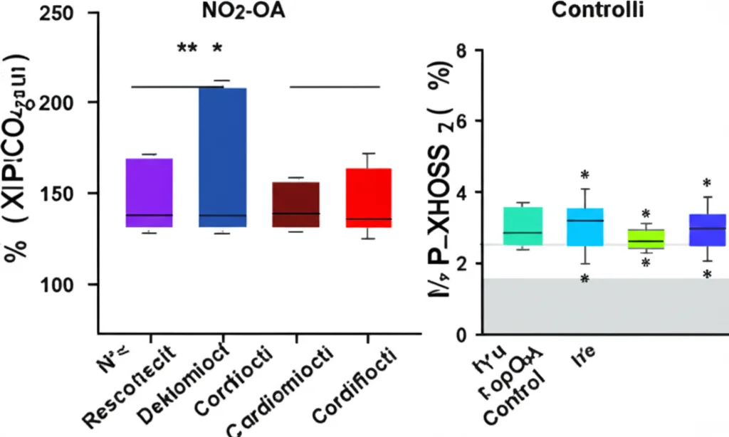 Grafico scientifico che mostra l'aumento della respirazione mitocondriale (OXPHOS) in cardiomiociti isolati trattati con NO2-OA rispetto ai controlli. Linee colorate rappresentano diversi gruppi sperimentali. Stile pulito, dati chiari.