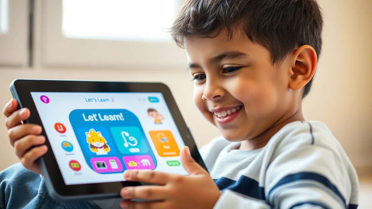 Ritratto di un bambino arabo di 5 anni, sorridente e concentrato, mentre interagisce con un tablet touch screen che mostra un'interfaccia colorata del programma Let's Learn. Obiettivo 35mm, profondità di campo ridotta per isolare il bambino, luce naturale da finestra laterale, stile filmico.