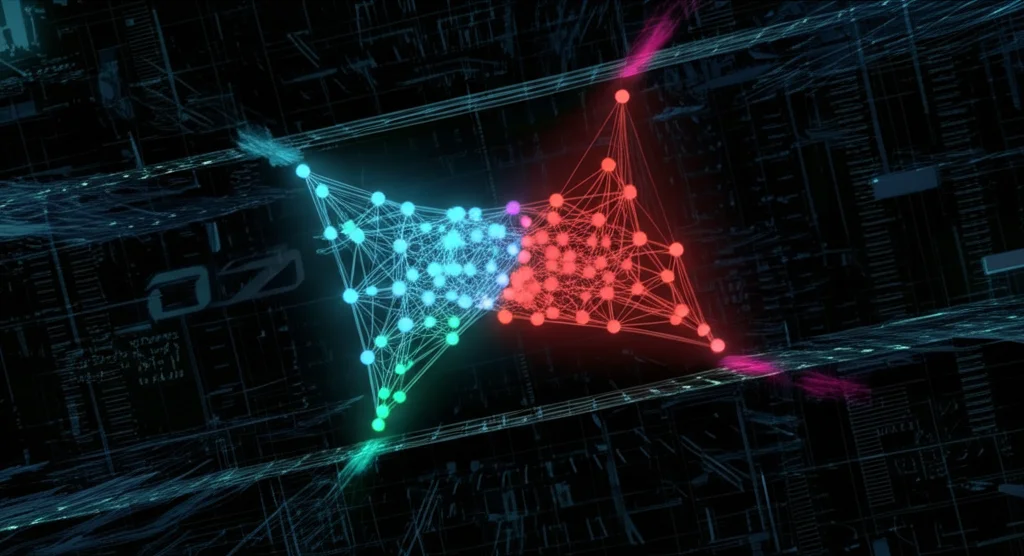 Visualizzazione 3D fotorealistica di un diagramma di flusso complesso che rappresenta un algoritmo di ottimizzazione multi-obiettivo (ispirato agli algoritmi immunitari), con nodi luminosi interconnessi (blu, verdi, rossi rappresentanti i 3 obiettivi) e percorsi che convergono verso una regione ottimale evidenziata (Pareto front). Sfondo scuro high-tech. Stile infografica avanzata, rendering dettagliato.