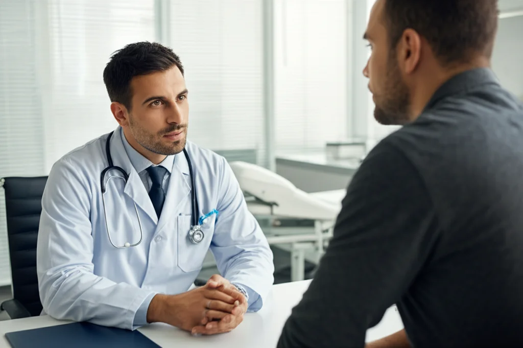 Fotografia di un medico che ascolta attentamente un paziente seduto di fronte a lui in uno studio medico moderno e luminoso. Il medico ha un'espressione empatica. Stile ritratto, obiettivo 35mm, profondità di campo che sfoca leggermente lo sfondo, luce naturale controllata dalle finestre.