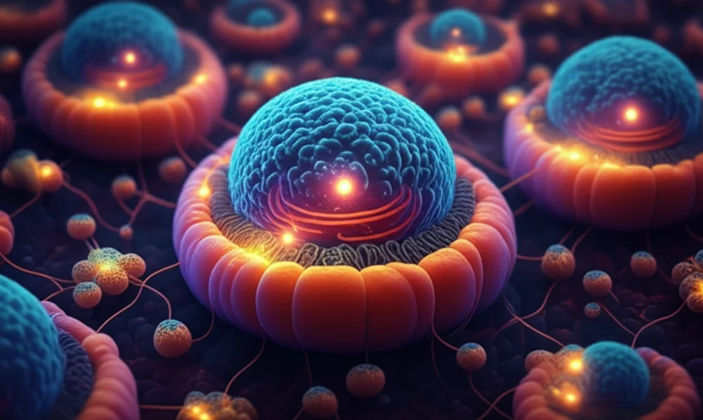 Visualizzazione 3D astratta di mitocondri all'interno di una cellula, con percorsi metabolici luminosi che rappresentano l'ossidazione degli acidi grassi, stile scientifico dettagliato, colori vibranti su sfondo scuro.