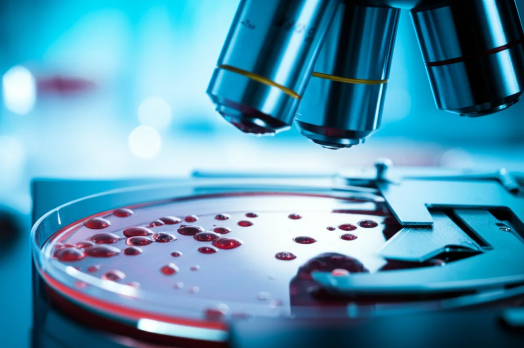 Immagine macro ad alta definizione di campioni biologici, forse sangue o tessuto, in una piastra di Petri sotto la lente di un microscopio in un laboratorio scientifico. Illuminazione precisa che evidenzia dettagli cellulari. Obiettivo macro 100mm, alta definizione, messa a fuoco selettiva.