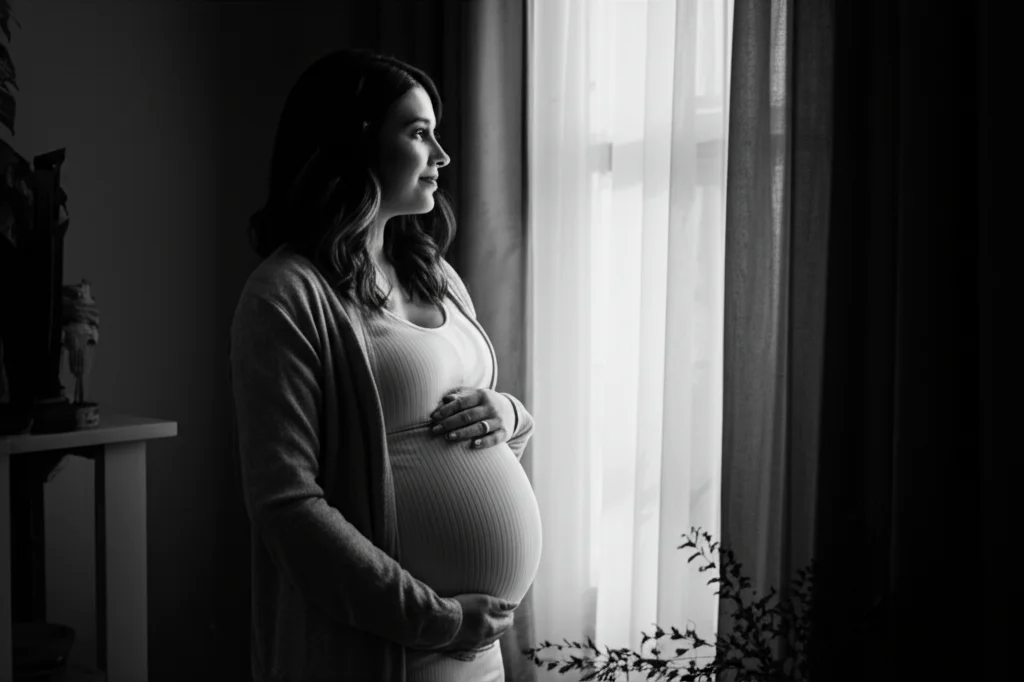 Ritratto di una donna incinta che accarezza il suo pancione guardando fuori da una finestra, luce naturale morbida che illumina il suo viso sereno, 35mm, bianco e nero, profondità di campo.