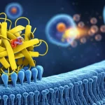 Immagine concettuale fotorealistica che illustra il ruolo di ATP6V0B nel cancro alla vescica. In primo piano, una rappresentazione 3D della proteina ATP6V0B che interagisce con la membrana cellulare. Sullo sfondo, cellule tumorali della vescica stilizzate che proliferano e la cascata di segnale PAQR4/PI3K/AKT visualizzata come percorsi luminosi. Lente prime 35mm, profondità di campo, colori duotone blu scuro e giallo brillante per contrasto.