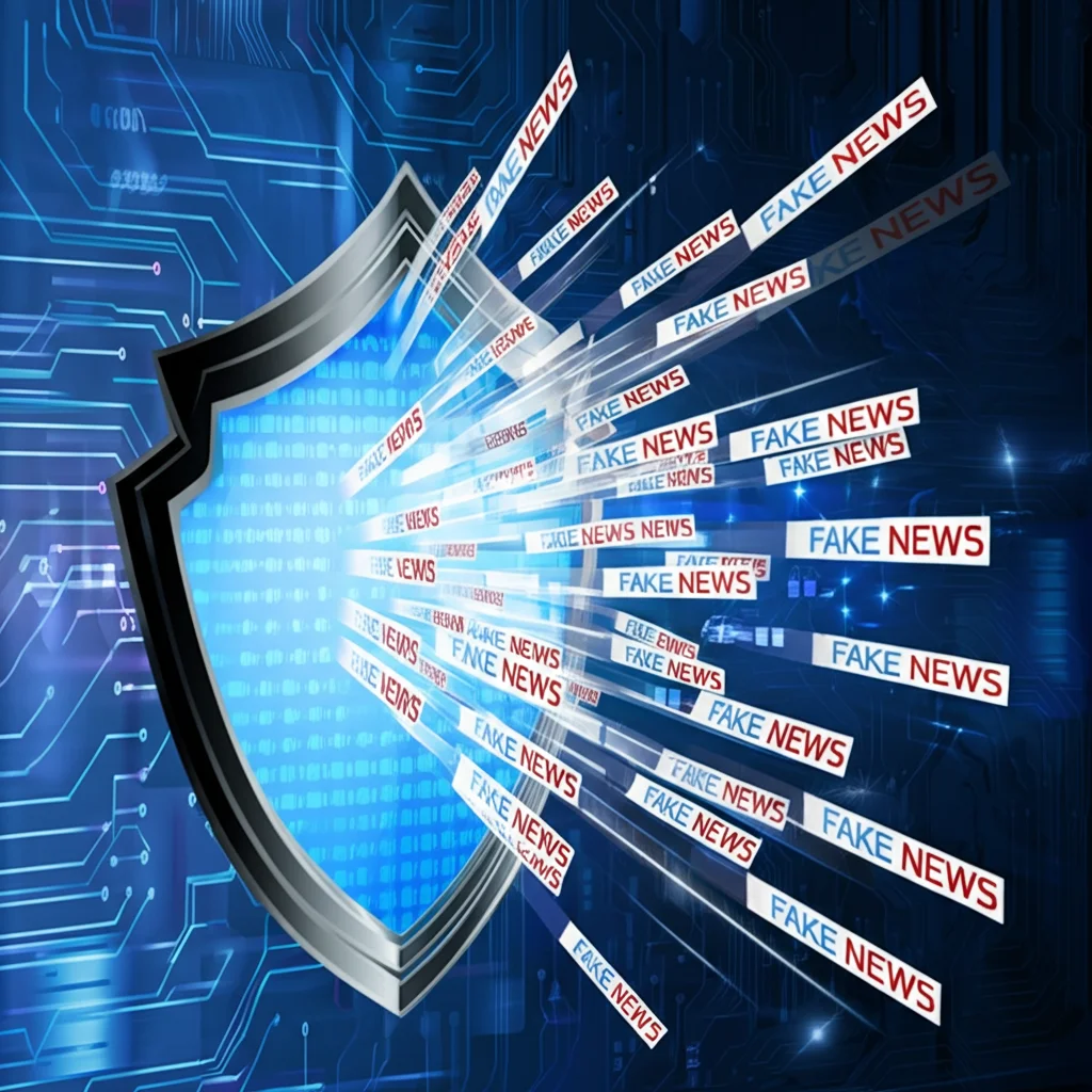 Immagine concettuale fotorealistica di uno scudo digitale luminoso blu che intercetta e disintegra flussi di dati rossi etichettati come 'fake news', proteggendo un flusso di dati blu chiaro etichettato 'verità'. Obiettivo 35mm, profondità di campo, duotone blu e argento, sfondo tecnologico astratto con circuiti debolmente illuminati.