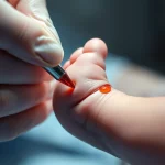 Primo piano di un medico che esegue un prelievo di sangue dal tallone di un neonato per lo screening metabolico, luce da studio, lente macro 100mm, alta definizione, focus sui dettagli della procedura e sulla goccia di sangue raccolta.