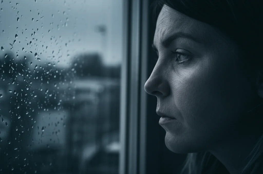 Ritratto fotografico di profilo di una persona dall'aspetto stanco ma pensieroso, che guarda fuori da una finestra in una giornata nuvolosa e piovosa. La luce è soffusa e crea un'atmosfera intima. Obiettivo 50mm, profondità di campo ridotta che sfoca l'esterno, toni blu e grigi duotone per accentuare la malinconia, simboleggia l'impatto interiore e la complessità del Long COVID.