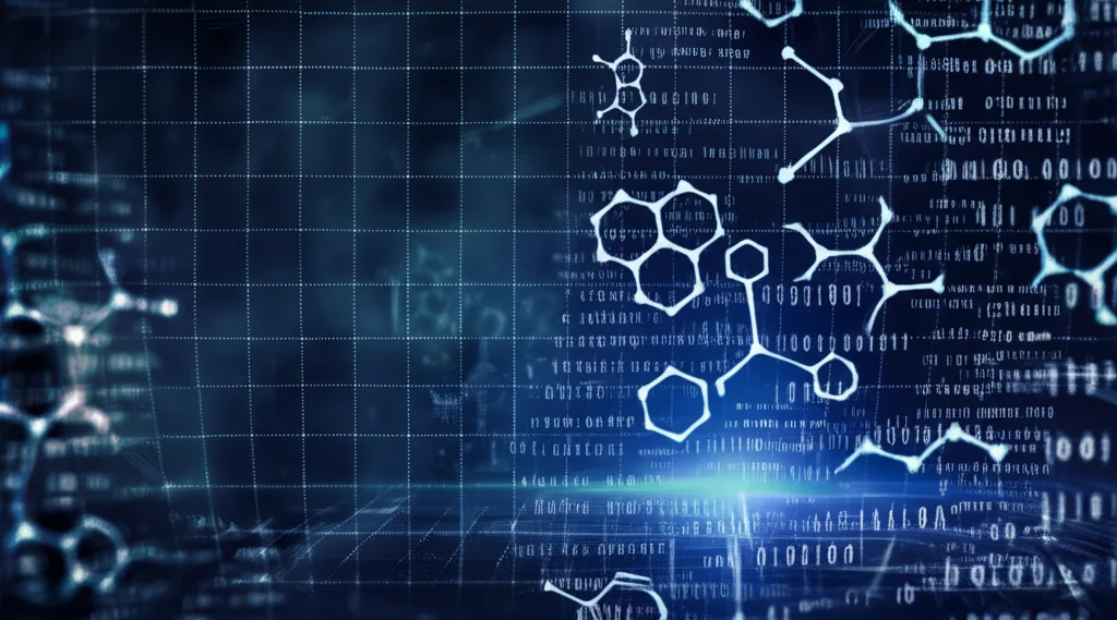 Vista a gran angolo fotorealistica, obiettivo da 15 mm, di grafici di rete luminosi interconnessi che rappresentano strutture molecolari di grafico ridotte che galleggiano sopra un paesaggio digitale, focus acuto, effetto a lungo esposizione, che simboleggia la visualizzazione di serie di dati chimici complessi per la scoperta di farmaci.