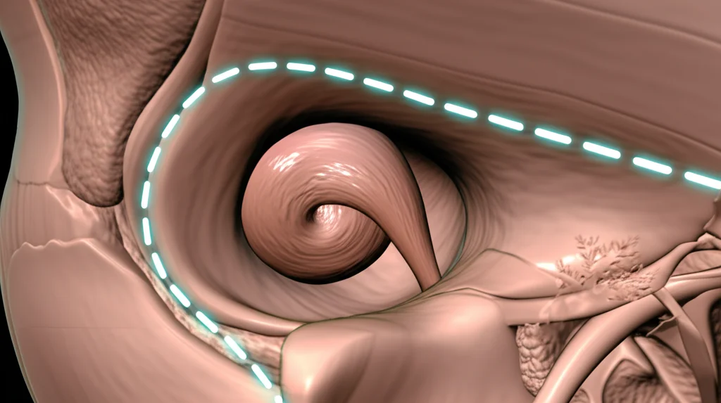 Visualizzazione 3D fotorealistica del cervello umano visto da una prospettiva posteriore-laterale, con un focus sull'angolo ponto-cerebellare destro. Un delicato schwannoma vestibolare è visibile emergere dal condotto uditivo interno. L'area della craniotomia retrosigmoidea è evidenziata con linee tratteggiate luminose. Illuminazione drammatica da studio medico che mette in risalto le strutture anatomiche. Obiettivo prime 35mm, profondità di campo moderata.