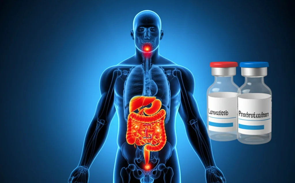 Visualizzazione medica stilizzata che mostra la silhouette di un sistema gastrointestinale umano con punti luminosi rossi che indicano aree di effetti avversi. Accanto, due flaconi di farmaci etichettati 'Lenvatinib' e 'Pembrolizumab'. Illuminazione drammatica controllata, obiettivo macro 90mm, alta definizione, focus preciso sui punti rossi e sulle etichette.