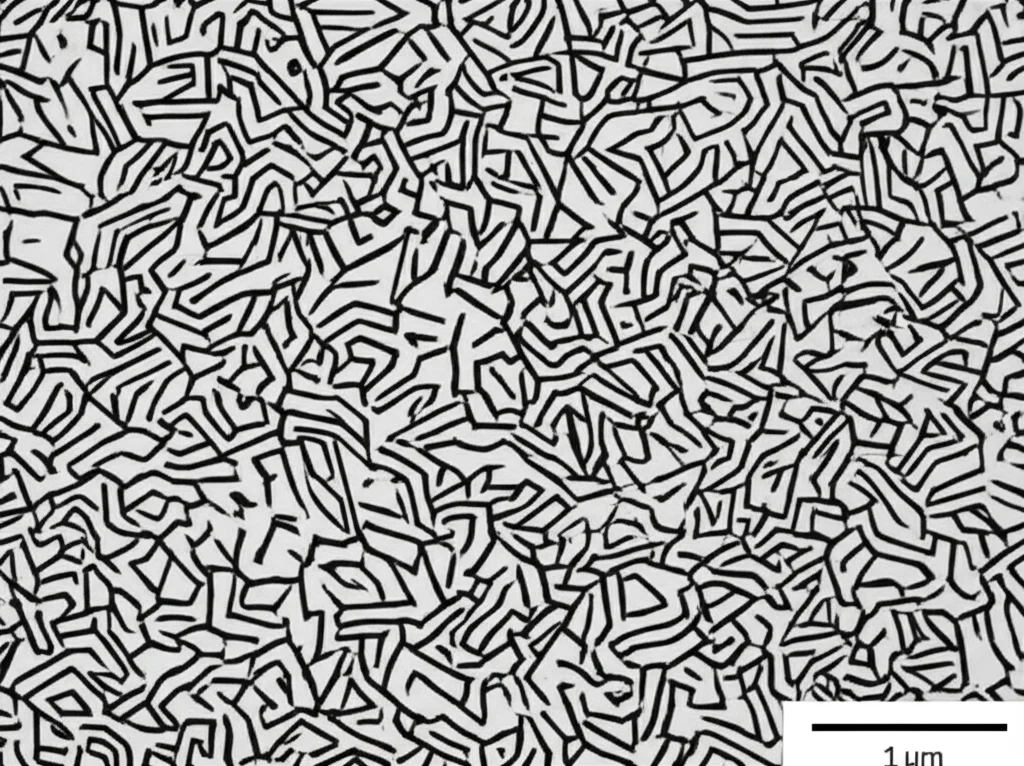 Fotografia macro, obiettivo 100mm, alta definizione, illuminazione controllata, che mostra la microstruttura intricata di un campione di acciaio ad alta resistenza, evidenziando diverse fasi cristalline come ferrite e austenite trattenuta.