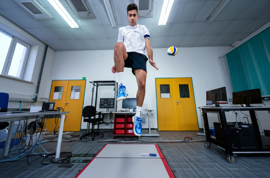 Fotografia sportiva di un giocatore di pallavolo maschile d'élite che esegue un test di salto verticale su una gamba sola su una pedana di forza in un laboratorio di scienze motorie. Teleobiettivo zoom 100mm, alta velocità dell'otturatore per catturare il picco del salto, tracciamento del movimento, illuminazione controllata da laboratorio per evidenziare la muscolatura.