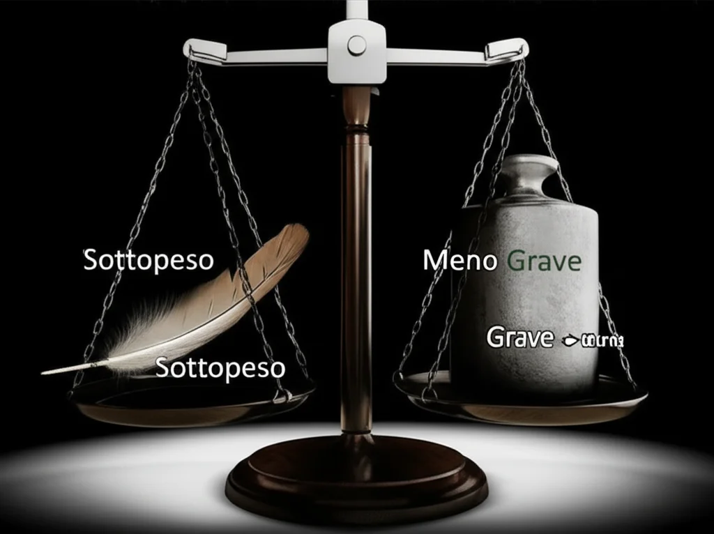 Immagine concettuale che mostra due bilance affiancate. Su una c'è una piuma etichettata 'Sottopeso', sull'altra un peso maggiore etichettato 'Sovrappeso'. La bilancia 'Sottopeso' pende molto verso il basso indicando 'Grave', mentre l'altra pende meno indicando 'Meno Grave', a simboleggiare la diversa percezione della gravità dell'anoressia basata sul peso. Illuminazione controllata, obiettivo macro 90mm, alto dettaglio.