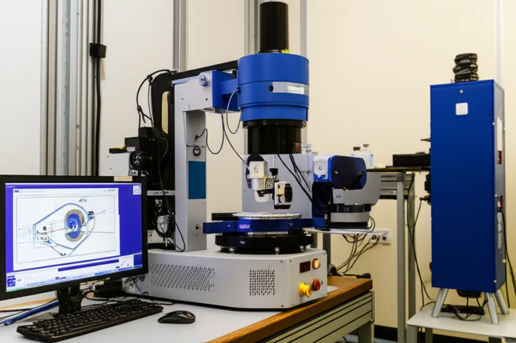 Rappresentazione fotorealistica di un setup di diffrazione a raggi X (XRD) in un moderno laboratorio di scienza dei materiali, obiettivo grandangolare 24mm, messa a fuoco nitida sulla piattaforma del campione e sul braccio del rivelatore, che illustra il concetto di diffrazione per l'analisi dei materiali.